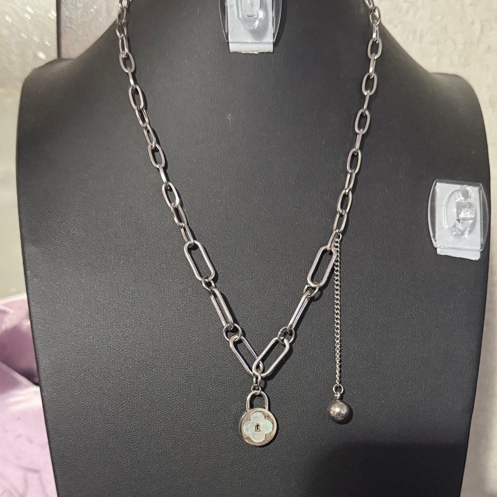 Silver Chain Necklace with Lock Pendant
